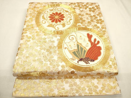 平和屋着物▼太鼓柄袋帯　駒刺繍　花鳥丸文　金糸　正絹　逸品　CAAY4380ak