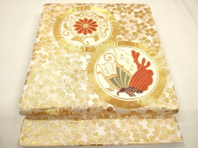 平和屋着物▼太鼓柄袋帯　駒刺繍　花鳥丸文　金糸　正絹　逸品　CAAY4380ak