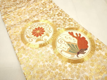 平和屋着物▼太鼓柄袋帯　駒刺繍　花鳥丸文　金糸　正絹　逸品　CAAY4380ak