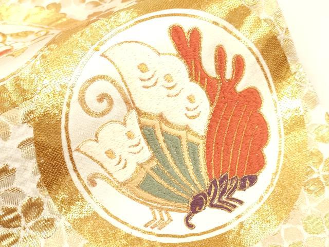 平和屋着物▼太鼓柄袋帯　駒刺繍　花鳥丸文　金糸　正絹　逸品　CAAY4380ak