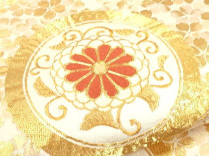 平和屋着物▼太鼓柄袋帯　駒刺繍　花鳥丸文　金糸　正絹　逸品　CAAY4380ak