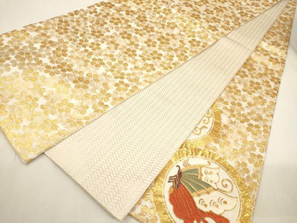 平和屋着物▼太鼓柄袋帯　駒刺繍　花鳥丸文　金糸　正絹　逸品　CAAY4380ak