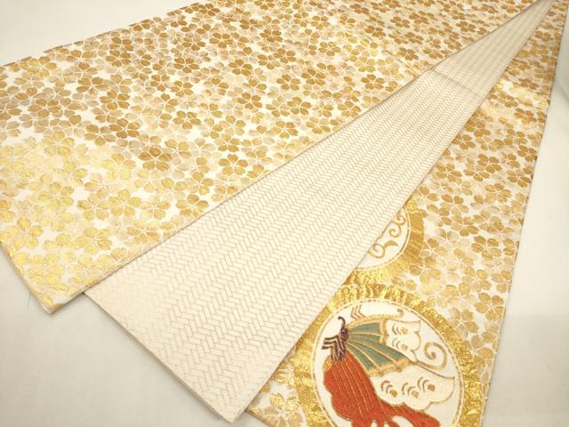 平和屋着物▼太鼓柄袋帯　駒刺繍　花鳥丸文　金糸　正絹　逸品　CAAY4380ak