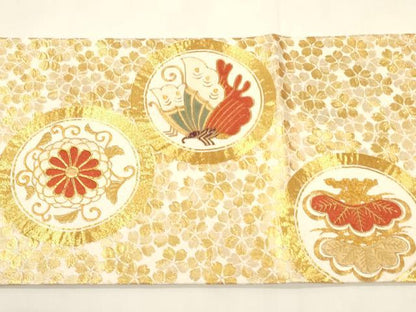 平和屋着物▼太鼓柄袋帯　駒刺繍　花鳥丸文　金糸　正絹　逸品　CAAY4380ak