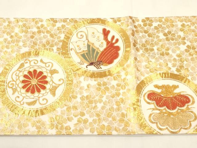 平和屋着物▼太鼓柄袋帯　駒刺繍　花鳥丸文　金糸　正絹　逸品　CAAY4380ak