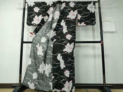平和屋着物∴夏物 浴衣 薔薇 露芝文 黒地 綿 逸品 CAAY4454ng