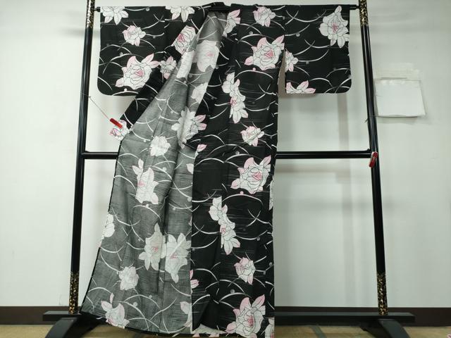 平和屋着物∴夏物 浴衣 薔薇 露芝文 黒地 綿 逸品 CAAY4454ng