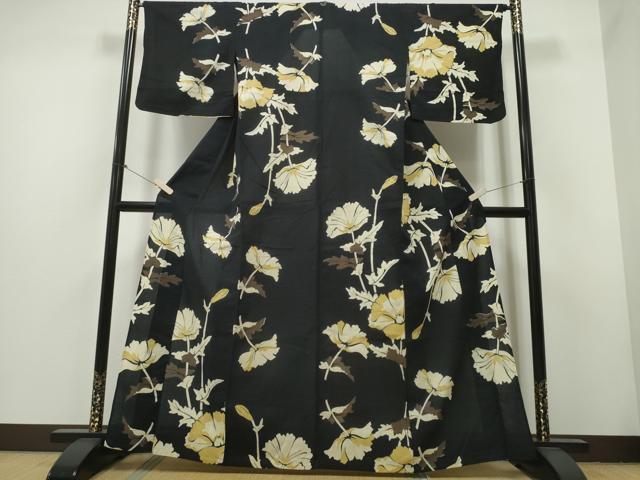 平和屋着物∴夏物 浴衣 コシノジュンコ JUNKO KOSHINO 枝花文 黒地 綿 逸品 CAAY4456ng