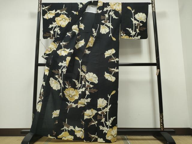 平和屋着物∴夏物 浴衣 コシノジュンコ JUNKO KOSHINO 枝花文 黒地 綿 逸品 CAAY4456ng