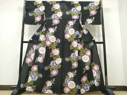 平和屋着物∴夏物 世界的ファッションデザイナー 山本寛斎 kansaiブランド 浴衣 手描き 朝顔 黒地 金彩 逸品 CAAY4458ng