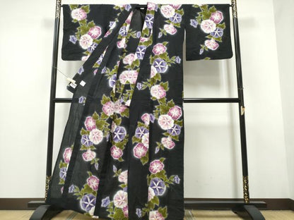 平和屋着物∴夏物 世界的ファッションデザイナー 山本寛斎 kansaiブランド 浴衣 手描き 朝顔 黒地 金彩 逸品 CAAY4458ng