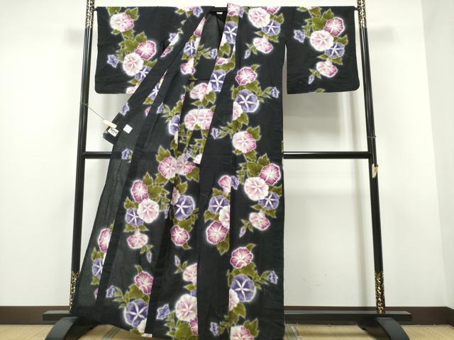 平和屋着物∴夏物 世界的ファッションデザイナー 山本寛斎 kansaiブランド 浴衣 手描き 朝顔 黒地 金彩 逸品 CAAY4458ng