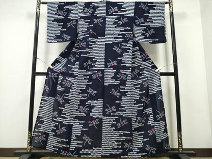 平和屋着物∴夏物 浴衣 有松鳴海絞り 蜻蛉 トンボ 横段文 綿 逸品 CAAY4530ng