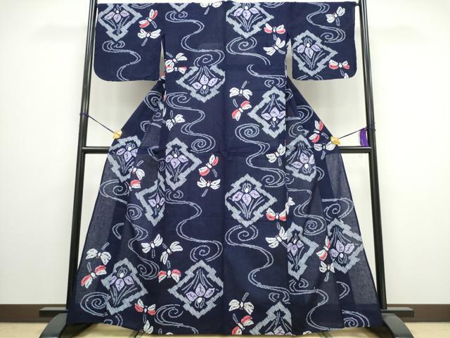 平和屋着物∴夏物 浴衣 有松鳴海絞り 蜻蛉 トンボ 松皮菱桐花文 綿 逸品 CAAY4542ng