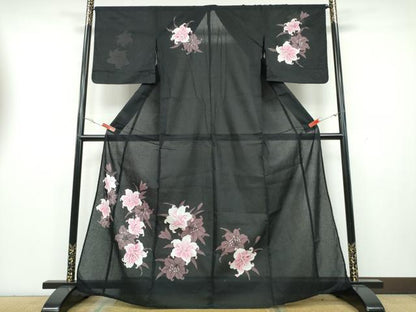 平和屋着物∴夏物 訪問着 浴衣 綿紅梅 百合 黒地 綿 逸品 CAAY4602ng
