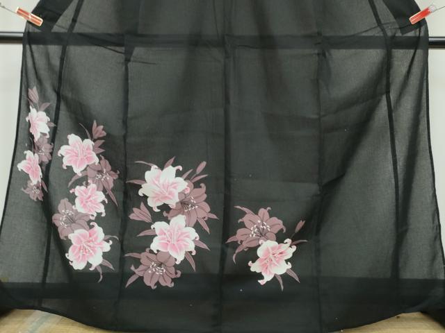 平和屋着物∴夏物 訪問着 浴衣 綿紅梅 百合 黒地 綿 逸品 CAAY4602ng