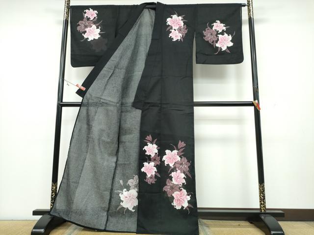 平和屋着物∴夏物 訪問着 浴衣 綿紅梅 百合 黒地 綿 逸品 CAAY4602ng