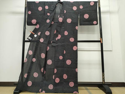 平和屋着物∴夏物 浴衣 渦巻文様 黒地 綿 逸品 CAAY4626ng