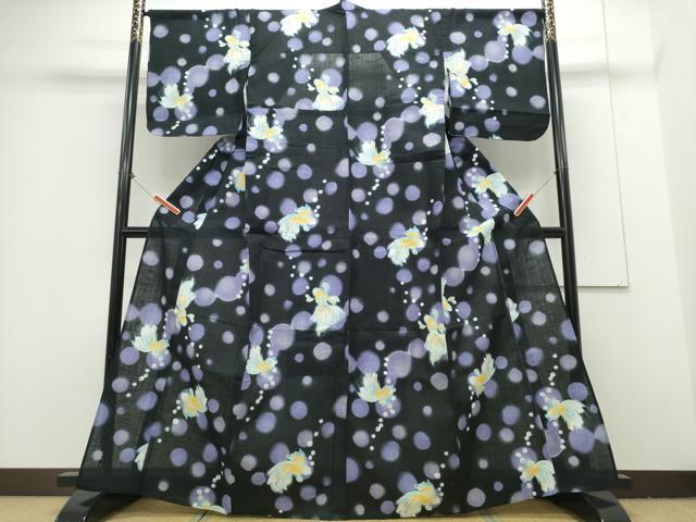 平和屋着物∴夏物 浴衣 金魚 黒地 綿 逸品 CAAY4630ng