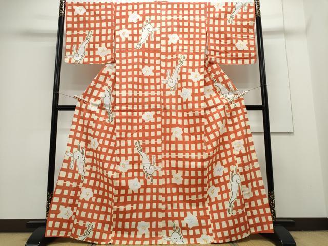 平和屋着物∴夏物 浴衣 花兎 格子柄 綿 逸品 CAAY4633ng