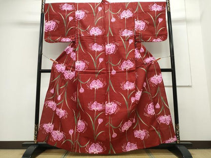 平和屋着物∴夏物 浴衣 綿紅梅 彼岸花 綿 逸品 CAAY4634ng