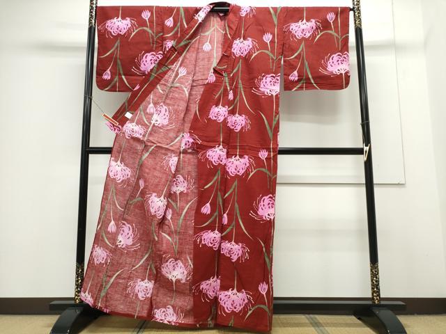 平和屋着物∴夏物 浴衣 綿紅梅 彼岸花 綿 逸品 CAAY4634ng