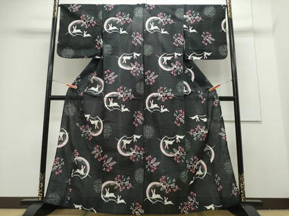 平和屋着物∴夏物 浴衣 跳兎 芝草文 黒地 綿 逸品 CAAY4635ng