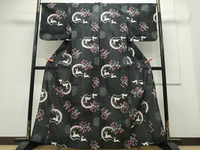 平和屋着物∴夏物 浴衣 跳兎 芝草文 黒地 綿 逸品 CAAY4635ng