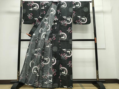 平和屋着物∴夏物 浴衣 跳兎 芝草文 黒地 綿 逸品 CAAY4635ng