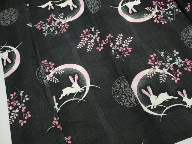 平和屋着物∴夏物 浴衣 跳兎 芝草文 黒地 綿 逸品 CAAY4635ng