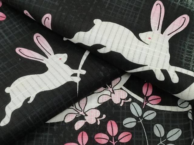 平和屋着物∴夏物 浴衣 跳兎 芝草文 黒地 綿 逸品 CAAY4635ng