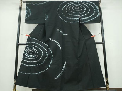 平和屋着物∴夏物 訪問着・浴衣兼用 絞り 渦巻文様 黒地 綿 逸品 CAAY4663ng