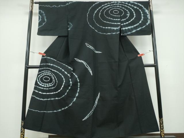平和屋着物∴夏物 訪問着・浴衣兼用 絞り 渦巻文様 黒地 綿 逸品 CAAY4663ng