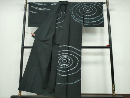 平和屋着物∴夏物 訪問着・浴衣兼用 絞り 渦巻文様 黒地 綿 逸品 CAAY4663ng
