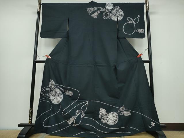 平和屋着物∴夏物 訪問着・浴衣兼用 絞り 瓢箪 黒地 綿 逸品 CAAY4665ng