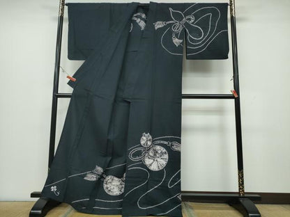 平和屋着物∴夏物 訪問着・浴衣兼用 絞り 瓢箪 黒地 綿 逸品 CAAY4665ng
