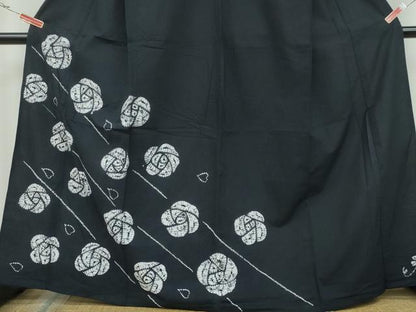 平和屋着物∴夏物 訪問着・浴衣兼用 絞り 薔薇 黒地 綿 逸品 CAAY4666ng