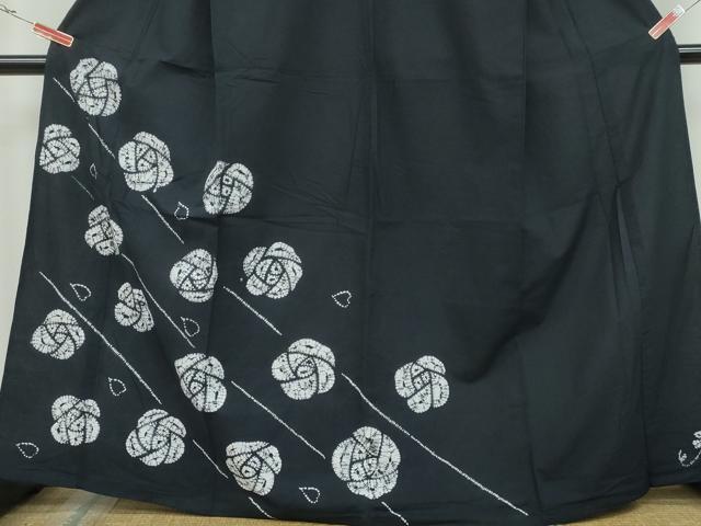 平和屋着物∴夏物 訪問着・浴衣兼用 絞り 薔薇 黒地 綿 逸品 CAAY4666ng