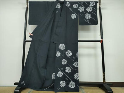 平和屋着物∴夏物 訪問着・浴衣兼用 絞り 薔薇 黒地 綿 逸品 CAAY4666ng