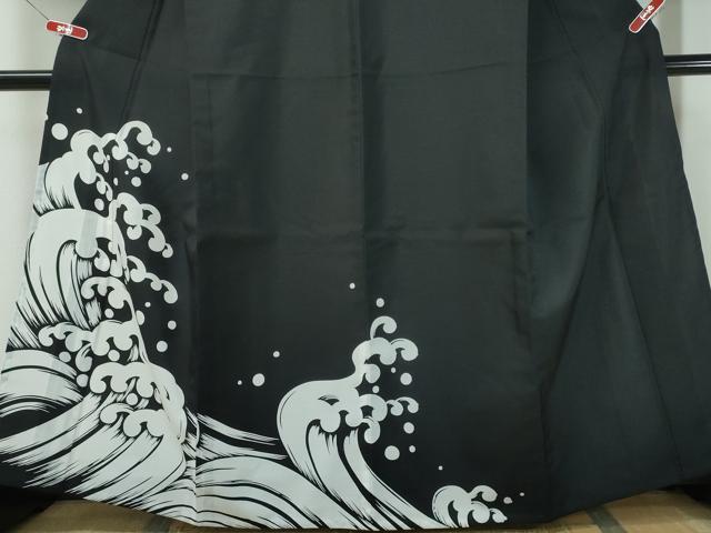 平和屋着物▽男性 訪問着 単衣 鯉の滝登り 黒地 洗える着物 未使用 CAAY4697ng