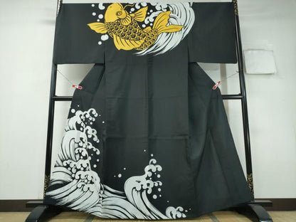 平和屋着物▽男性 訪問着 単衣 鯉の滝登り 黒地 洗える着物 未使用 CAAY4697ng