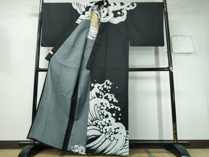 平和屋着物▽男性 訪問着 単衣 鯉の滝登り 黒地 洗える着物 未使用 CAAY4697ng