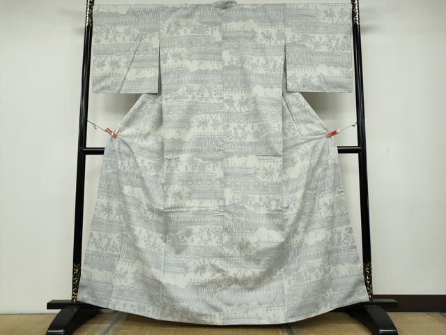 平和屋着物●本場結城紬　重要無形文化財　100亀甲　横段人物動物花文　壁画文様　正絹　逸品　未使用　CAAY4944ut