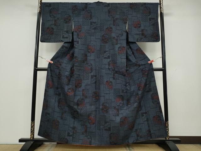 平和屋着物●結城紬 100亀甲 破れ色紙重ね風景文 正絹 逸品 CAAY4954ut