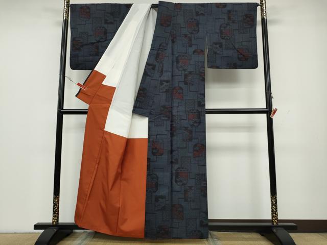 平和屋着物●結城紬 100亀甲 破れ色紙重ね風景文 正絹 逸品 CAAY4954ut