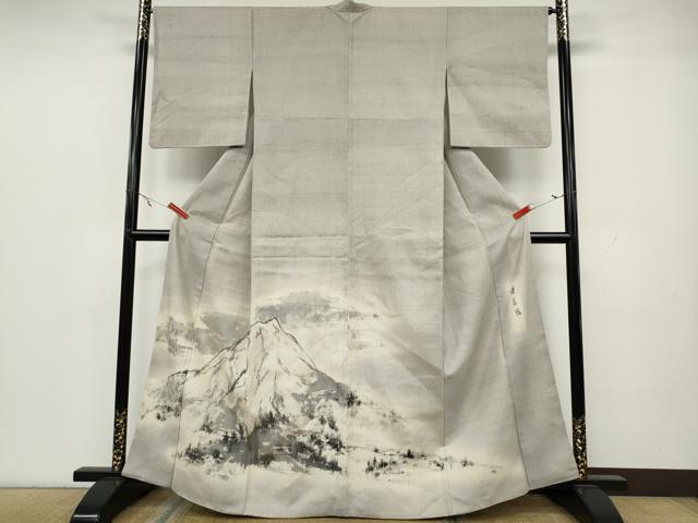 平和屋着物●訪問着　作家物　紬地　手描き　遠山文　正絹　逸品　CAAY4961ut