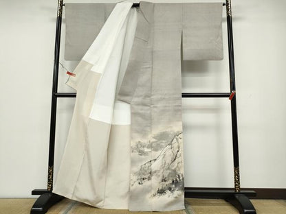 平和屋着物●訪問着　作家物　紬地　手描き　遠山文　正絹　逸品　CAAY4961ut