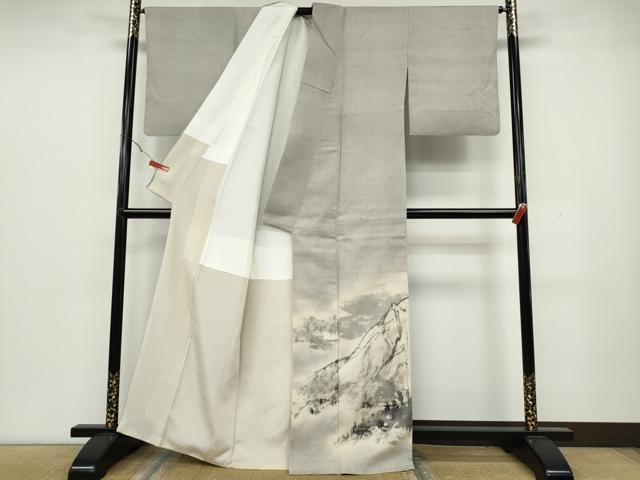 平和屋着物●訪問着　作家物　紬地　手描き　遠山文　正絹　逸品　CAAY4961ut