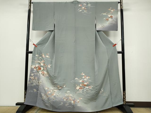 平和屋着物●訪問着　流水竹垣草花文　暈し染め　金彩　鬼しぼ縮緬　正絹　逸品　CAAY5153ut