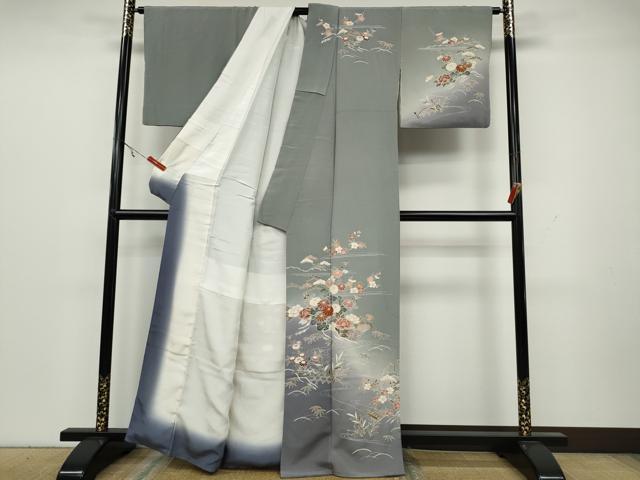 平和屋着物●訪問着　流水竹垣草花文　暈し染め　金彩　鬼しぼ縮緬　正絹　逸品　CAAY5153ut
